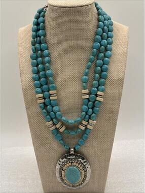 Chunky Faux Turquoise Beads Multi-strand W/Pendant Choker Necklace Silver Tone